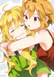  2girls ahoge bare_shoulders blonde_hair blush breasts closed_mouth dot_nose face-to-face green_shirt grey_background hair_between_eyes highres hoshii_miki hug ibuki_tsubasa idolmaster idolmaster_(classic) idolmaster_million_live! idolmaster_million_live!_theater_days large_breasts long_hair looking_at_another multiple_girls okouka_(gyunyutabetai) open_mouth red_eyes red_shirt shirt short_hair short_sleeves sideboob sleeping sleeveless v-shaped_eyebrows 