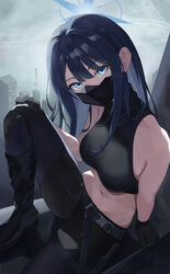  absurdres bare_shoulders belt black_belt black_gloves black_mask black_pants blue_archive blue_eyes blue_hair blue_halo breasts collarbone female gloves halo halterneck head_tilt higashiwun_izumi highres knee_up long_hair looking_at_viewer mask medium_breasts mouth_mask navel pants saori_(blue_archive) sitting solo stomach 