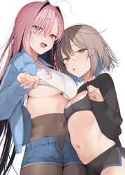  2girls absurdres black_jacket black_shorts blue_jacket blue_shorts bra breasts brown_eyes brown_hair copyright_name cover covered_navel cowboy_shot grey_bra hair_between_eyes hair_intakes highres jacket large_breasts long_hair midriff multiple_girls open_clothes open_jacket open_mouth original pantyhose pink_eyes pink_hair shin_no_tenpii short_hair short_shorts shorts small_breasts stomach underboob underwear 