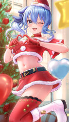  :d absurdres alternate_costume bare_shoulders bell belt black_belt blue_eyes blue_hair blush boots breasts christmas christmas_ornaments christmas_tree collar cropped_shirt female fur-trimmed_boots fur-trimmed_headwear fur-trimmed_shirt fur-trimmed_skirt fur_trim gloves hair_between_eyes hair_ribbon hat heart heart_hands highres hololive hoshimachi_suisei jingle_bell knee_boots long_hair looking_at_viewer midriff navel neck_bell off-shoulder_shirt off_shoulder one_eye_closed red_collar red_gloves red_hat red_shirt red_skirt red_thighhighs ribbon santa_hat shirt side_ponytail skirt small_breasts smile solo standing standing_on_one_leg star_(symbol) star_in_eye symbol_in_eye teeth thighhighs thighs upper_teeth_only virtual_youtuber wajuniorbox white_footwear 