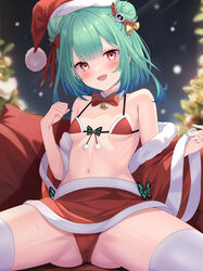  alternate_costume animal_print aqua_nails bare_shoulders bell bikini blue_hair blurry blurry_background blush bow breasts bug butterfly butterfly-shaped_pupils butterfly_print christmas christmas_tree collar commentary crotch dress female gradient_hair green_hair hair_between_eyes hair_ornament hat highres hololive jingle_bell kurono_yuzuko looking_at_viewer multicolored_hair navel night night_sky oerba_yun_fang open_mouth red_bikini red_eyes red_ribbon ribbon santa_bikini santa_costume santa_dress santa_hat short_hair sitting skin_fang skull skull_hair_ornament sky small_breasts solo spread_legs sweat swimsuit symbol-shaped_pupils thighs uruha_rushia virtual_youtuber white_collar 