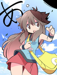  black_wristband blue_shirt blue_sky brown_eyes brown_hair female hair_between_eyes highres leaf_(pokemon) open_mouth panties pokemon pokemon_frlg rascal_(feuille) red_skirt shirt skirt sky translation_request underwear vs_seeker white_panties wind yellow_bag 