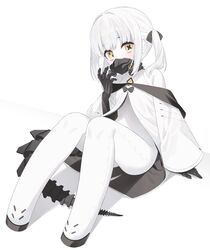  ass black_mask black_tail blue_archive blush coat colored_skin ein_(blue_archive) extra_pupils female highres long_sleeves looking_at_viewer mask mechanical_hands mechanical_tail medium_hair respirator simple_background solo symbol-shaped_pupils tail tofu1601 twintails white_background white_coat white_hair white_skin wide_sleeves x-shaped_pupils yellow_eyes 