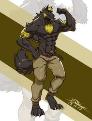  2019 4_toes anthro arm_tattoo barefoot belt biceps black_body black_fur blonde_hair blue_eyes bottomwear brown_bottomwear brown_clothing brown_pants canid canine canis chest_tuft clothed clothing crotch_tuft dated digital_media_(artwork) fansl feet flexing flexing_bicep fluffy fluffy_tail fur hair hand_on_hip hi_res male mammal muscular muscular_anthro muscular_male pants signature smile solo tail tattoo toes topless topless_anthro topless_male tuft unknown_character wolf yellow_body yellow_fur yellow_tattoo 