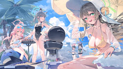  6+girls ahoge animal_ear_fluff animal_ears ayane_(blue_archive) ayane_(swimsuit)_(blue_archive) bag bikini bikini_top_only black_bikini black_hair black_one-piece_swimsuit black_shorts blue-tinted_eyewear blue_archive blue_bikini blue_eyes blue_halo breasts bright_pupils cardigan cat_ears cat_girl chinese_commentary cleavage closed_mouth collarbone commentary_request cooking denim denim_shorts eating eyewear_on_head food foreclosure_task_force_(blue_archive) fox_mask frilled_bikini frills front-tie_bikini_top front-tie_top fruit glasses green_eyes green_halo grey_cardigan grey_hair grill grilling groin hair_between_eyes hair_bobbles hair_ornament halo hat heterochromia highleg highleg_swimsuit highres holding holding_bag holding_food holding_fruit holding_watermelon hoshino_(blue_archive) hoshino_(swimsuit)_(blue_archive) inflatable_toy inflatable_whale kebab large_breasts light_brown_hair long_hair looking_at_viewer low_twintails mask medium_breasts mismatched_pupils multiple_girls navel nonomi_(blue_archive) nonomi_(swimsuit)_(blue_archive) off-shoulder_bikini off_shoulder official_alternate_costume omurice_(304975636) one-piece_swimsuit open_mouth orange_eyes peeping pink_halo pointy_ears red-framed_eyewear red_eyes red_halo serika_(blue_archive) serika_(swimsuit)_(blue_archive) shiroko_(blue_archive) shiroko_(swimsuit)_(blue_archive) short_hair short_shorts shorts side-tie_bikini_bottom sitting small_breasts striped_bikini striped_clothes sun_hat sunglasses swimsuit teeth tinted_eyewear twintails upper_teeth_only wakamo_(blue_archive) wakamo_(swimsuit)_(blue_archive) watermelon white-framed_eyewear white_bikini white_headwear white_pupils wolf_ears wolf_girl yellow_bikini yellow_eyes 