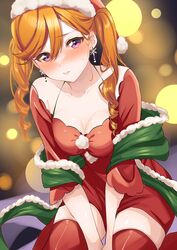  between_legs blush breasts christmas cleavage collarbone commentary_request dress earrings embarrassed female fur-trimmed_headwear fur-trimmed_scarf fur_trim hair_between_eyes hand_between_legs hat highres jewelry long_hair looking_at_viewer love_live! love_live!_superstar!! medium_breasts mei_hinamatsu orange_hair pom_pom_(clothes) purple_eyes red_hat red_thighhighs santa_costume santa_dress santa_hat scarf shibuya_kanon short_sleeves sitting solo sweat sweatdrop thighhighs twintails two_side_up wariza wide_sleeves 