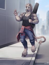  2023 3:4 anthro apple-faced biceps chest_scar city city_background clothed clothing deltoids detailed_background diesel_(jrbn1) english_text equid equine facial_piercing hi_res hooves horse male mammal muscular muscular_anthro muscular_male nose_piercing nose_ring pecs piercing ring_piercing road scar shirt signature solo standing tail tank_top teeth text topwear vein veiny_muscles 