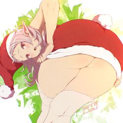  artist_name ass ass_focus bare_arms blush christmas dated dress dress_tug elf fake_tail female from_behind fur-trimmed_dress fur-trimmed_headwear fur_trim hat highres kiyo_(a_sam_ko) leaning_forward looking_at_viewer mushoku_tensei open_mouth parted_bangs pointy_ears rabbit_tail red_dress red_eyes santa_costume santa_dress santa_hat short_dress solo strapless strapless_dress sylphiette_(mushoku_tensei) tail thighhighs thighs white_hair white_tail white_thighhighs 