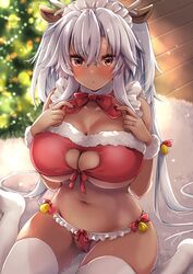  absurdres alternate_costume bikini blush breasts christmas_tree dark-skinned_female dark_skin dated female glasses hair_between_eyes highres jewelry kantai_collection large_breasts long_hair looking_at_viewer mashiro_yukiya merry_christmas musashi_(kancolle) musashi_kai_ni_(kancolle) rectangular_eyewear ring santa_bikini semi-rimless_eyewear solo swimsuit very_long_hair wedding_ring 