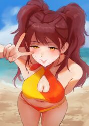  absurdres bare_shoulders beach bikini blue_sky breasts brown_eyes brown_hair cleavage cleavage_cutout clothing_cutout earrings female highres jewelry kujikawa_rise leaning_forward looking_at_viewer n7grey persona persona_4 sand sky smile sweat swimsuit twintails v 