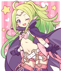  belt blush cape commission cowboy_shot english_commentary female fire_emblem fire_emblem_awakening flat_chest gloves green_hair heart highres long_hair looking_at_viewer navel nowi_(fire_emblem) one_eye_closed onyhakase open_mouth pointy_ears ponytail purple_eyes second-party_source short_shorts shorts skeb_commission smile solo star_(symbol) 