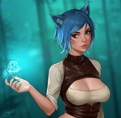  animal_ear_fluff animal_ears artist_name blue_eyes blue_hair blue_nails blurry blurry_background breasts brown_vest casting_spell cat_ears cleavage cleavage_cutout closed_mouth clothing_cutout commentary commission copyright_request english_commentary facial_mark female fingernails freli hand_up large_breasts lips magic nail_polish sharp_fingernails shirt sleeves_rolled_up solo upper_body vest whisker_markings white_shirt 