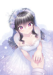  1boy armpit_crease bare_shoulders black_hair blue_flower blue_rose blush breasts bridal_veil brother_and_sister cleavage closed_mouth collarbone commentary crossed_bangs dress eyelashes eyes_visible_through_hair female fingernails flower flower_wreath from_above hair_between_eyes hano_haruka happy head_wreath highres holding_hands implied_incest jewelry light_particles lips long_dress long_hair looking_at_viewer medium_breasts off-shoulder_dress off_shoulder pink_eyes pov pov_hands purple_flower purple_rose ring ritsu_(siscon_ani_to_brocon_imouto_ga_shoujiki_ni_nattara) rose siblings sidelocks simple_background siscon_ani_to_brocon_imouto_ga_shoujiki_ni_nattara smile solo_focus sparkle star_(symbol) strapless strapless_dress upturned_eyes uta_(siscon_ani_to_brocon_imouto_ga_shoujiki_ni_nattara_) veil wavy_hair wedding wedding_dress wedding_ring white_background white_dress 