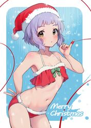  armpits bare_shoulders bikini blush c_(theta) collarbone commentary_request female fur-trimmed_bikini fur-trimmed_headwear fur_trim groin hat highres idolmaster idolmaster_million_live! looking_at_viewer makabe_mizuki merry_christmas navel petite pinky_out purple_hair santa_bikini santa_hat short_hair solo stomach string string_of_fate swimsuit v 