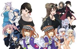  6+girls absurdres abyssal_ship airfield_princess alternate_costume ashigara_(kancolle) bikini black_shorts blonde_hair blue_hair breasts brown_eyes brown_hair clothes_writing commentary_request dress eyewear_on_head fangs floating_headgear fubuki_(kancolle) fukae_(kancolle) grecale_(kancolle) grey_hair grin hair_bun hair_ornament hair_over_one_eye hair_ribbon hairband hat headgear highres hood hood_down ikazuchi_(kancolle) inazuma_(kancolle) jewelry kantai_collection lolita_hairband long_hair micro_bikini multiple_girls murakumo_(kancolle) myoukou_(kancolle) necklace oerba_yun_fang one_eye_closed open_mouth orange_eyes oyashio_(kancolle) pink_eyes pink_hair ribbon samidare_(kancolle) sazanami_(kancolle) short_hair shorts simple_background single_hair_bun skin_fang smile sunglasses sweat swimsuit tan tress_ribbon tsuji_kazuho umikaze_(kancolle) umikaze_kai_ni_(kancolle) visor_cap w white_background white_bikini 