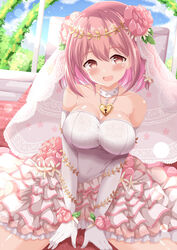  :d bare_shoulders blue_sky blush breasts brown_eyes cleavage cloud collarbone commentary_request commission day dress elbow_gloves female flower frilled_dress frills gloves hair_between_eyes hair_flower hair_ornament heart highres hoshizaki_akari indoors keyhole large_breasts looking_at_viewer ongeki pink_flower pink_hair see-through skeb_commission sky smile solo strapless strapless_dress veil white_dress white_gloves xenon_(for_achieve) 