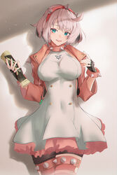  absurdres ahoge black_gloves black_shorts bob_cut bracelet breasts collar covered_navel cowboy_shot dress elphelt_valentine female fingerless_gloves frilled_dress frills gloves green_eyes guilty_gear guilty_gear_strive hairband highres holding jacket jewelry large_breasts looking_at_viewer open_clothes open_jacket pink_hair pink_hairband pink_jacket short_dress short_hair shorts shorts_under_dress sion_(im10042m) solo spiked_bracelet spiked_collar spiked_hairband spikes straight-on tight_clothes tight_dress white_dress 