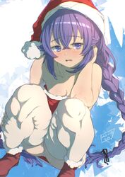  artist_name bare_arms bare_shoulders black_hair blue_eyes blush boots breasts christmas cleavage collarbone crossed_bangs dated dress female fur-trimmed_dress fur-trimmed_footwear fur-trimmed_headwear fur_trim hand_in_own_hair hand_on_own_leg hat highres kiyo_(a_sam_ko) long_braid long_hair looking_at_viewer mushoku_tensei open_mouth panties pantyshot red_dress red_footwear roxy_migurdia santa_costume santa_dress santa_hat short_dress small_breasts squatting strapless strapless_dress thighhighs thighs underwear upskirt very_long_hair wavy_mouth white_panties white_thighhighs 