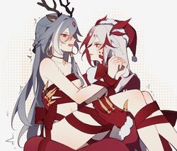  2girls alternate_costume animal_ears antlers black_choker blush bound bound_wrists braid choker commentary deer_antlers deer_ears earrings eyeliner fu_hua fu_hua_(fenghuang_of_vicissitude) fu_hua_(herrscher_of_sentience) grey_hair hair_between_eyes haruka_(rsyaooooo) hat highres honkai_(series) honkai_impact_3rd horns jewelry long_hair long_sleeves looking_at_another makeup multicolored_hair multiple_girls naked_ribbon open_mouth red_eyeliner red_eyes red_hair red_ribbon red_scales ribbon santa_costume santa_hat scales selfcest sitting sitting_on_lap sitting_on_person streaked_hair symbol-only_commentary symbol-shaped_pupils two-tone_hair very_long_hair white_hair yellow_pupils yuri 