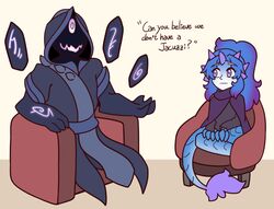  ambiguous_gender blue_hair clawed_hands clothed clothing dialogue duo english_text furniture hair hi_res horn horned_humanoid humanoid monster_girl_(genre) monster_train purple_eyes scales shriekingmagpie simple_background sitting sofa stare tail text 