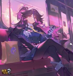  bag benghuai_xueyuan cloud copyright_name female gloves hair_between_eyes highres holding holding_phone honkai_(series) houraiji_kyuushou long_hair necktie official_art phone purple_hair purple_theme red_eyes second-party_source sirin sitting smile train window 