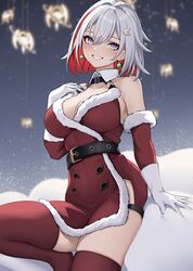  absurdres alternate_costume belt black_belt blue_eyes breasts colored_inner_hair commentary dress earrings elbow_gloves female gloves grey_hair grin highres honkai:_star_rail honkai_(series) jewelry looking_at_viewer multicolored_hair red_dress red_hair red_thighhighs santa_costume santa_dress short_dress short_hair sleeveless sleeveless_dress smile solo thighhighs thighs topaz_(honkai:_star_rail) white_gloves yan_kodiac 