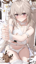  absurdres anchorage_(azur_lane) antlers arm_belt azur_lane bikini blush bound bound_wrists breasts brown_hair cleavage_cutout closed_mouth clothing_cutout collarbone commentary_request female fur-trimmed_thighhighs fur_trim hair_ribbon highres horns l_ract large_breasts long_hair o-ring o-ring_bikini paid_reward_available purple_hair reindeer_antlers ribbon sitting solo stuffed_animal stuffed_reindeer stuffed_toy swimsuit thighhighs twintails white_bikini white_ribbon white_thighhighs 