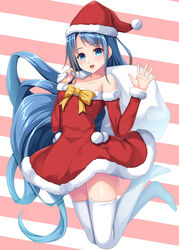  blue_eyes blue_hair blush collarbone commentary_request female full_body hat highres holding holding_sack kantai_collection long_hair open_mouth pom_pom_(clothes) red_hat ruin_re_birth sack samidare_(kancolle) santa_costume santa_hat smile solo thighhighs white_thighhighs 