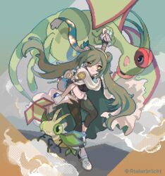  artist_name black_pants claws closed_mouth cloud commentary evolutionary_line fangs female flygon great_ball green_hair green_sky ground_miku_(project_voltage) hair_bun hatsune_miku holding holding_poke_ball long_hair midriff navel nekoolantern open_mouth pants pixel_art poke_ball pokemon pokemon_(creature) project_voltage sky smile twintails twitter_username vibrava vocaloid wings 