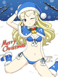  :o assam_(girls_und_panzer) bare_tree bell bikini blonde_hair blue_bikini blue_capelet blue_eyes blue_footwear blue_hat blurry bokeh boots breasts capelet christmas commentary day depth_of_field english_text female front-tie_bikini_top front-tie_top fur-trimmed_capelet fur_cuffs fur_trim girls_und_panzer girls_und_panzer_senshadou_daisakusen! groin hair_pulled_back hand_on_own_head hat highres holly ichinose_jun long_hair looking_at_viewer merry_christmas neck_bell night night_sky official_alternate_costume one_eye_closed outdoors parted_lips santa_bikini santa_boots santa_hat side-tie_bikini_bottom sitting sky small_breasts snowing solo swimsuit tree wariza 