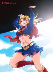  artist_name belt blonde_hair blue_eyes boots breasts cape carrying chinese_commentary cloud commentary_request crop_top cropped_shirt dc_comics facebook_logo female knee_boots lens_flare medium_breasts midriff miniskirt navel open_mouth red_cape skirt sleeves_past_wrists smile solo supergirl superman_(series) whotsou yellow_belt 