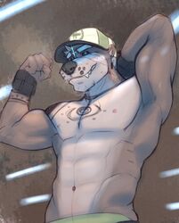  2023 abs aetherotter anthro athletic baseball_cap biceps black_sclera blue_eyes body_tuft bottomwear bracelet brown_body brown_fur claws clothing facial_tuft fangs fish flexing flexing_bicep flexing_biceps flexing_muscles fur glowing hair hand_behind_back hand_behind_head hat headgear headwear hi_res jewelry looking_ahead male mammal marine markings muscular muscular_anthro muscular_male mustelid nipples otter pecs piercing raised_arm scar serrasalmid sharp_teeth shorts simple_background smile solo spots tattoo teeth tuft underarm underwear vein veiny_muscles white_hair wristband 