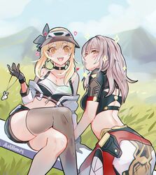  2girls :d aoiabyss ass bare_back bare_shoulders black_shirt blonde_hair blue_sky cloud commentary company_connection crop_top crossed_legs day feet_out_of_frame genshin_impact gloves grey_gloves grey_hair grey_thighhighs hand_up hat highres honkai:_star_rail honkai_(series) long_hair looking_at_viewer lumine_(genshin_impact) midriff mihoyo mountain multiple_girls official_alternate_costume open_mouth outdoors shirt short_shorts shorts single_thighhigh sitting sky smile spaghetti_strap stelle_(galactic_grand_prix)_(honkai:_star_rail) stelle_(honkai:_star_rail) thighhighs trailblazer_(honkai:_star_rail) yellow_eyes 