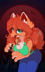  anthro big_breasts blood_moon breasts canid canine clothing dipfanken fangs female fox fur grass green_eyes hair hi_res long_hair mammal night orange_body orange_fur paws plant solo teeth terraria zoologist_(terraria) 