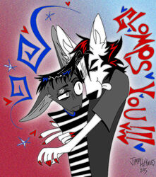  alternate_species ambiguous_gender anthro canid canine canis clothed clothing colored_claws colored_nails domestic_dog duo embrace english_text exclamation_point eyebrow_through_hair eyebrows fur furrification glomp grey_body grey_fur hair heart hug inner_ear_fluff jimmy_(jthm) johnny_c. johnny_the_homicidal_maniac lagomorph leporid mammal nails one_ear_up one_eye_closed rabbit shirt smile snout spiral text tongue tongue_out toony topwear translucent translucent_hair tuft white_body white_fur wink xx-h0tkn1v3s-xx 