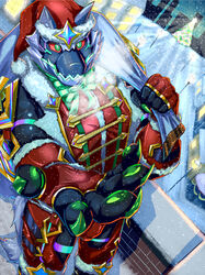  absurd_res anthro bodysuit canid canine canis christmas christmas_clothing christmas_headwear christmas_tree claws clothing costume domestic_dog freelyvector gift_bag green_eyes hat headgear headwear hi_res holidays husky lifewonders live_a_hero male mammal monomasa muscular muscular_anthro muscular_male nordic_sled_dog pawpads plant red_sclera santa_costume santa_hat skinsuit snow solo spitz supervillain tight_clothing tree 