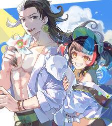  1boy absurdres ashiya_douman_(fate) black_eyes black_hair blue_sky bracelet cloud earrings fangs fate/grand_order fate_(series) female fingernails food fruit grin highres jacket jewelry kiwi_(fruit) kiwi_slice looking_at_another looking_at_viewer magatama magatama_earrings multicolored_hair poppoman sei_shounagon_(fate) sei_shounagon_(swimsuit_berserker)_(fate) sharp_fingernails shirt sky smile split-color_hair streaked_hair twintails visor_cap watermelon watermelon_slice white_hair white_shirt yellow_eyes 