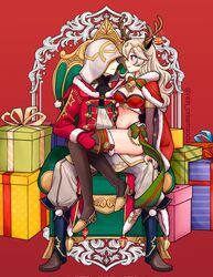  1boy alternate_costume antlers bikini breasts christmas corrin_(female)_(fire_emblem) corrin_(fire_emblem) cosplay couple english_commentary fake_antlers female fire_emblem fire_emblem_fates fire_emblem_heroes highres hooded_robe horns kiran_(fire_emblem) kiran_(male)_(fire_emblem) large_breasts rein_creamsoda reindeer_antlers robe robin_(fire_emblem) robin_(male)_(fire_emblem) robin_(male)_(fire_emblem)_(cosplay) santa_bikini sitting sitting_on_person straight swimsuit tharja_(fire_emblem) tharja_(fire_emblem)_(cosplay) throne 