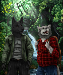  absurd_res anthro backpack beard belly black_body black_fur bottomwear canid canine canis clothing denim denim_bottomwear denim_clothing duo facial_hair facial_piercing flannel_shirt forest fur green_clothing green_eyes green_jacket green_topwear grey_body grey_fur hex_(satanic-furry) hi_res hiking jackal jacket jeans labret_piercing leaf light lip_piercing male mammal melanistic_jackal nature outside pants piercing plant raking_light slightly_chubby slightly_chubby_male smile spring standing sunlight teeth topwear tree waterfall wolf yellow_eyes yenoc yenocwolf 