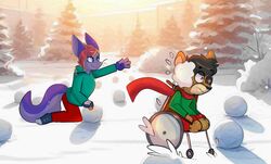  amputated amputee anthro cheetah christmas disability duo eye_patch eyewear felid feline holidays kitlia_steele kitsunekotaro legless male male_anthro mammal missing_eye snow snowball stumps vehicle wheelchair 