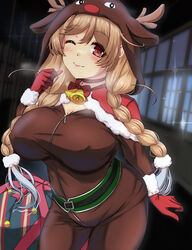  absurdres alternate_costume animal_costume animal_hood antlers braid breasts capelet christmas cloud_hair_ornament fake_antlers female fur-trimmed_capelet fur-trimmed_gloves fur_trim gloves gradient_hair grey_hair hand_up highres hood horns indoors kantai_collection large_breasts light_brown_hair long_hair low_twin_braids minegumo_(kancolle) multicolored_hair one_eye_closed red_capelet red_eyes red_gloves reindeer_antlers reindeer_costume reindeer_hood shigatsu_(soratobuusagi) solo twin_braids 