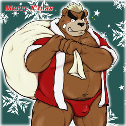  1boy alternate_costume animal_ears ashigara_(housamo) bara bear_boy bear_ears belly bikini_briefs brown_fur christmas covered_penis donkan_(goujuyu) facial_hair feet_out_of_frame furry furry_male goatee hat huge_eyebrows male_focus male_underwear mature_male merry_christmas muscular muscular_male no_pants original pectorals plump red_hat red_male_underwear sack santa_costume short_hair solo sparse_chest_hair standing tokyo_afterschool_summoners underwear 