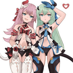  2girls :d :o aqua_eyes arm_at_side arm_strap arm_up armband artist_logo bare_shoulders black_collar black_panties bow bright_pupils cat_tail collar cowboy_shot flat_chest flipped_hair flower frilled_armband frills gloves green_hair hair_between_eyes hair_ornament hairbow half-closed_eyes highres honkai_(series) honkai_impact_3rd iiros liliya_olenyeva long_hair looking_at_viewer multiple_girls navel oerba_yun_fang open_mouth panties pink_hair red_bow red_flower revealing_clothes rozaliya_olenyeva short_eyebrows simple_background skin_fang smile standing straight_hair tail thick_eyebrows thighhighs two-tone_gloves underwear v-shaped_eyebrows white_background white_gloves white_pupils white_thighhighs wide_hips 