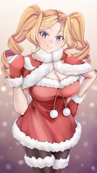  black_pantyhose blonde_hair blue_eyes breasts capelet cleavage dress drill_hair female fur-trimmed_capelet fur-trimmed_dress fur_trim highres honolulu_(kancolle) kantai_collection koru_pera large_breasts long_hair mittens official_alternate_costume pantyhose red_capelet red_dress red_mittens santa_dress short_dress smile solo standing twin_drills twintails 