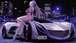  absurdres ahoge alternate_costume arm_support azur_lane bare_shoulders breasts building car character_name cityscape commentary copyright_name country_connection elbow_gloves female full_body gloves hair_between_eyes hair_over_one_eye high_heels highres japan kcar66t kneehighs large_breasts leotard license_plate long_hair looking_at_viewer mazda mazda_furai motor_vehicle multicolored_hair night outdoors parted_lips product_placement purple_eyes purple_hair race_queen real_world_location shadow sidelocks sitting sitting_on_car skindentation skyscraper socks solo sports_car streaked_hair tokyo_(city) tokyo_station underboob unzen_(azur_lane) vehicle_focus very_long_hair white_footwear white_gloves white_hair white_leotard white_socks 