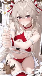  absurdres anchorage_(azur_lane) antlers arm_belt azur_lane bikini blush bound bound_wrists breasts brown_hair cleavage_cutout closed_mouth clothing_cutout collarbone commentary_request female fur-trimmed_thighhighs fur_trim hair_ribbon highres horns l_ract large_breasts long_hair o-ring o-ring_bikini paid_reward_available purple_hair red_bikini red_ribbon red_thighhighs reindeer_antlers ribbon sitting solo stuffed_animal stuffed_reindeer stuffed_toy swimsuit thighhighs twintails 