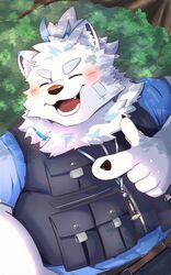  1boy animal_ears bara belly blue_fur blush cowboy_shot dog_boy dog_ears dutch_angle fat fat_man furry furry_male happy highres k.t_(kt0414143919) live_a_hero male_focus multicolored_hair pointing pointing_forward solo streaked_hair thick_eyebrows white_fur yohack 