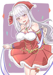  absurdres alternate_costume bare_shoulders blush border breasts christmas cleavage commentary_request detached_sleeves dress elf emilia_(re:zero) female flower gem green_gemstone grey_hair hair_flower hair_ornament hair_ribbon hat highres large_breasts long_hair looking_at_viewer neck_ribbon open_mouth pointy_ears purple_background purple_eyes re:zero_kara_hajimeru_isekai_seikatsu red_ribbon ribbon rose santa_costume santa_dress santa_hat solo spvrud3z2 teeth thigh_strap upper_teeth_only white_border white_flower white_rose x_hair_ornament 