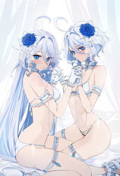  2girls absurdres ahoge arm_garter bare_shoulders blue_eyes blue_flower blue_hair blue_rose bow bra breasts chains commentary drop-shaped_pupils dual_persona feint721 flower focalors_(genshin_impact) from_side furina_(genshin_impact) genshin_impact gloves hair_flower hair_ornament hairbow highres holding_hands interlocked_fingers leg_between_thighs multiple_girls navel panties rose sitting stomach strap_slip string_panties symbol-shaped_pupils thigh_strap thighs underwear wariza white_bra white_gloves 