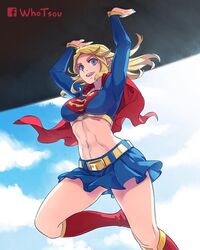  artist_name belt blonde_hair blue_eyes boots breasts cape carrying carrying_overhead chinese_commentary cloud commentary_request crop_top cropped_shirt dc_comics facebook_logo female highres knee_boots lens_flare medium_breasts midriff miniskirt navel open_mouth red_cape skirt sleeves_past_wrists smile solo supergirl superman_(series) whotsou yellow_belt 